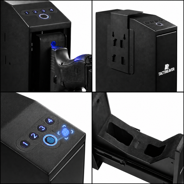 FLINT Biometric bedside handgun safe, four-panel detail of the fingerprint reader, keypad and mount