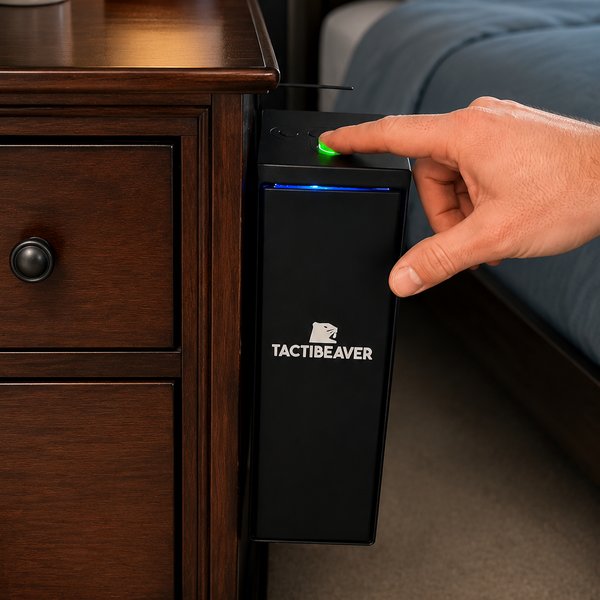FLINT Biometric bedside handgun safe, mounted beside a wooden nightstand with a thumb on the fingerprint reader