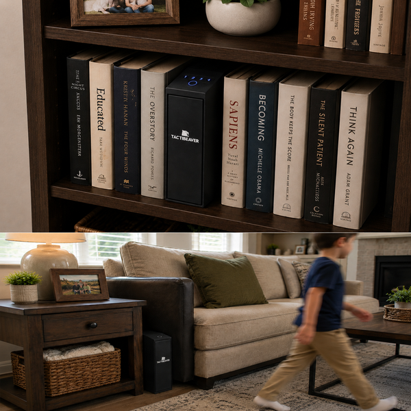 FLINT Biometric bedside handgun safe, concealed on a bookshelf in a living room, out of a child's reach