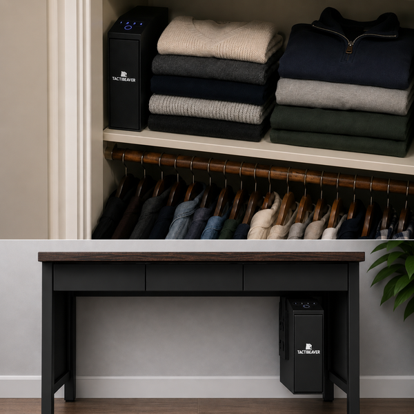 FLINT Biometric bedside handgun safe, mounted inside a closet and under a desk for concealed handgun storage