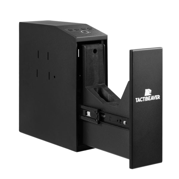 FLINT Biometric bedside handgun safe, open with the empty drawer extended, showing the pistol cradle
