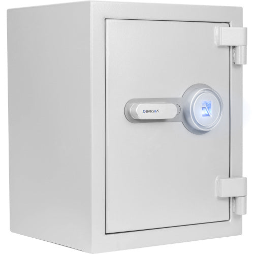 GLACIER Biometric fireproof safe, medium, closed, front three-quarter view of the white fireproof safe