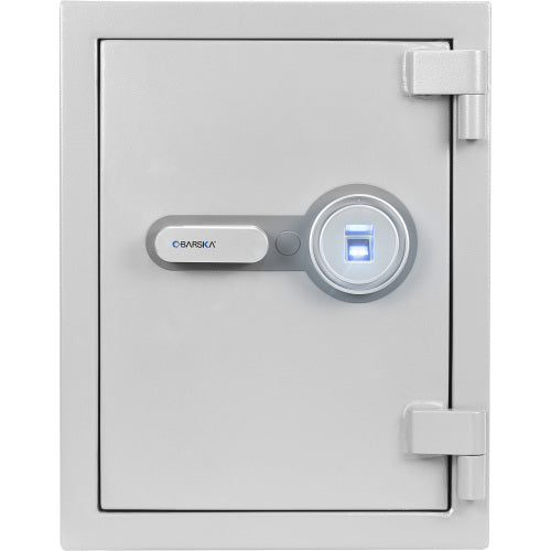 GLACIER Biometric fireproof safe, medium, closed, straight-on front view of the fingerprint scanner and handle