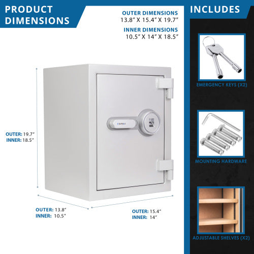 GLACIER Biometric fireproof safe, medium, dimension diagram with the included keys, hardware and shelves