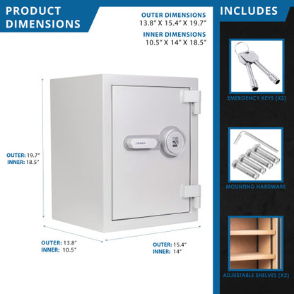 GLACIER Biometric fireproof safe, medium, dimension diagram with the included keys, hardware and shelves