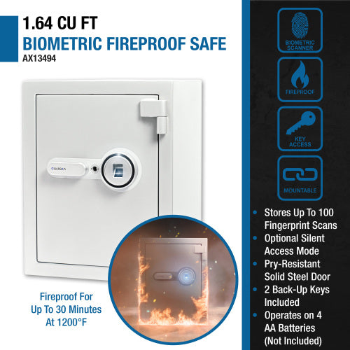 GLACIER Biometric fireproof safe, medium, infographic: 1.64 cubic feet, fireproof for up to 30 minutes at 1200°F