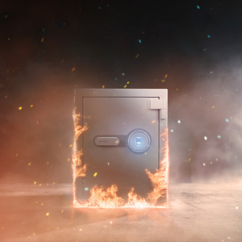 GLACIER Biometric fireproof safe, medium, the fireproof safe standing in flames, illustrating the fire rating
