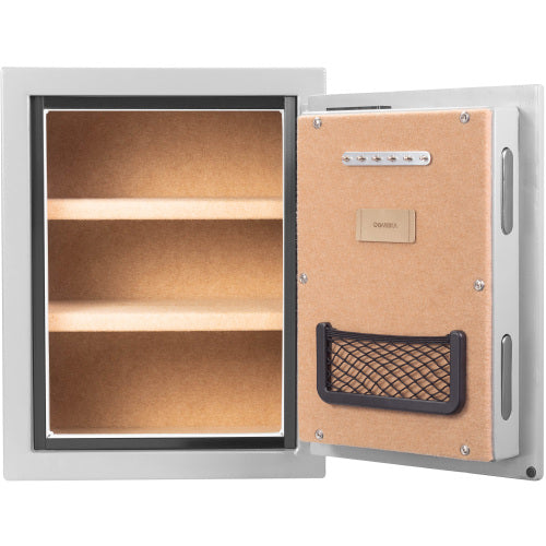 GLACIER Biometric fireproof safe, medium, open and empty from the front, showing the fire-board lined interior