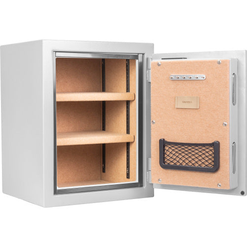 GLACIER Biometric fireproof safe, medium, open and empty, showing two adjustable shelves and the door pocket