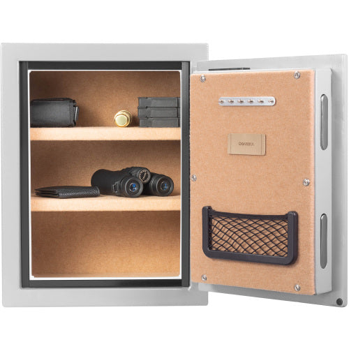 GLACIER Biometric fireproof safe, medium, open from the front, loaded with binoculars, a camera and valuables