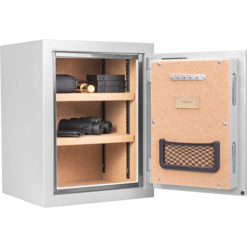GLACIER Biometric fireproof safe, medium, open and loaded with optics and valuables on the shelves