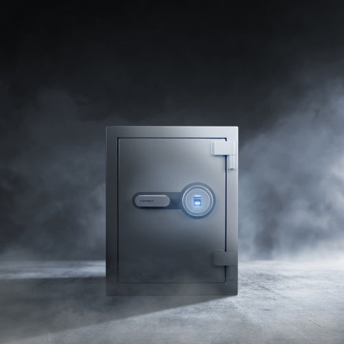 GLACIER Biometric fireproof safe, medium, the fireproof safe standing in smoke, front view