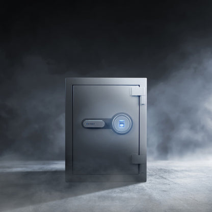 GLACIER Biometric fireproof safe, medium, the fireproof safe standing in smoke, front view
