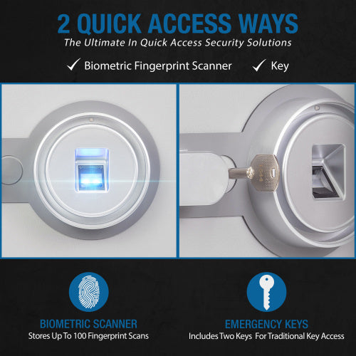 GLACIER Biometric fireproof safe, medium, infographic: two quick access ways - fingerprint scanner and emergency keys