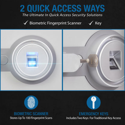 GLACIER Biometric fireproof safe, medium, infographic: two quick access ways - fingerprint scanner and emergency keys