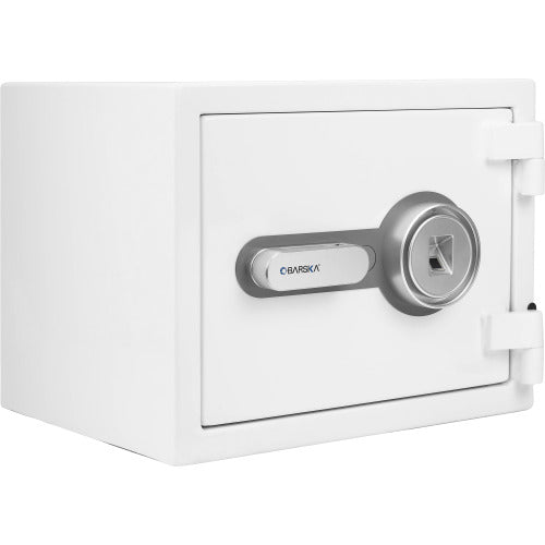 GLACIER S Biometric fireproof safe, closed, front three-quarter view of the white fireproof safe