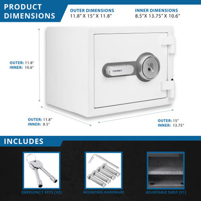 GLACIER S Biometric fireproof safe, dimension diagram with the included keys, hardware and shelf