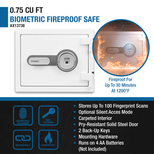 GLACIER S Biometric fireproof safe, infographic: 0.75 cubic feet, fireproof for up to 30 minutes at 1200°F