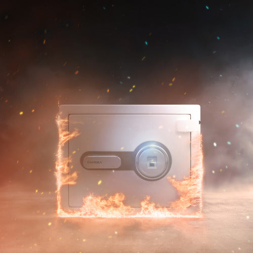 GLACIER S Biometric fireproof safe, the fireproof safe standing in flames, illustrating the fire rating