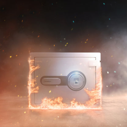 GLACIER S Biometric fireproof safe, the fireproof safe standing in flames, illustrating the fire rating