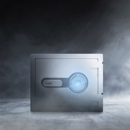 GLACIER S Biometric fireproof safe, the fireproof safe standing in smoke, front view