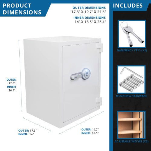 GLACIER XL Biometric fireproof safe, dimension diagram with the included keys, hardware and shelves