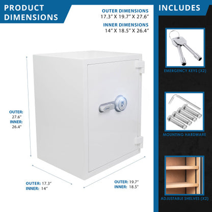 GLACIER XL Biometric fireproof safe, dimension diagram with the included keys, hardware and shelves
