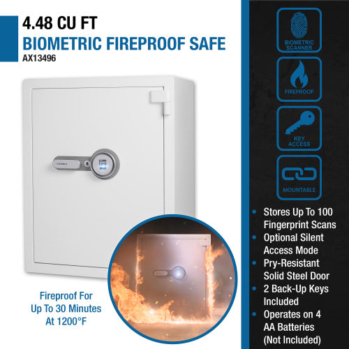 GLACIER XL Biometric fireproof safe, infographic: 4.48 cubic feet, fireproof for up to 30 minutes at 1200°F
