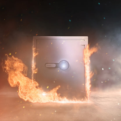 GLACIER XL Biometric fireproof safe, the fireproof safe standing in flames, illustrating the fire rating