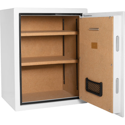 GLACIER XL Biometric fireproof safe, open and empty at an angle, showing the fire-board lined interior