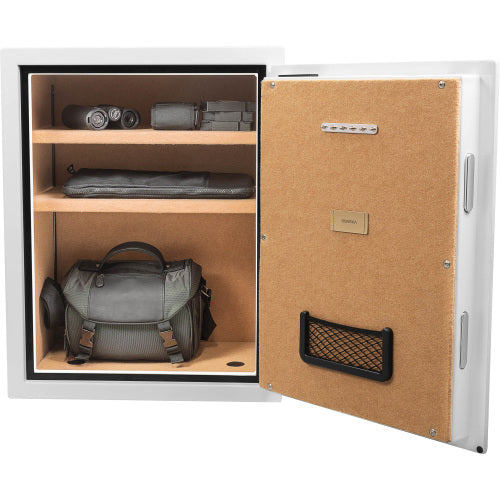 GLACIER XL Biometric fireproof safe, open and loaded with a camera bag, optics and folded valuables