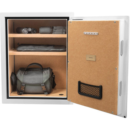 GLACIER XL Biometric fireproof safe, open and loaded with a camera bag, optics and folded valuables
