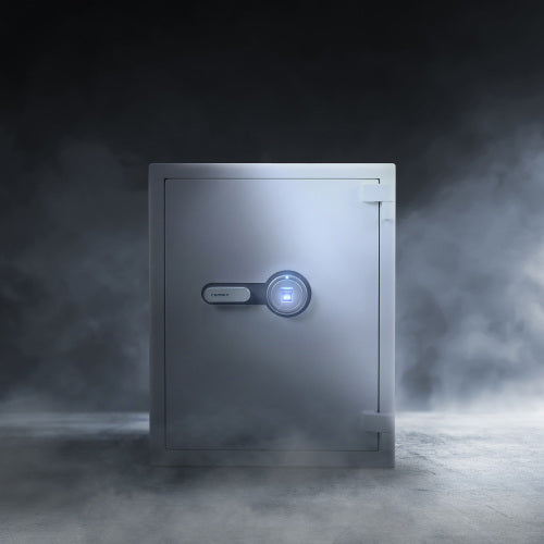 GLACIER XL Biometric fireproof safe, the fireproof safe standing in smoke, front view
