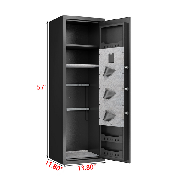 GRANITE Biometric rifle safe, dimension diagram: 57 inches high, 13.8 inches wide, 11.8 inches deep