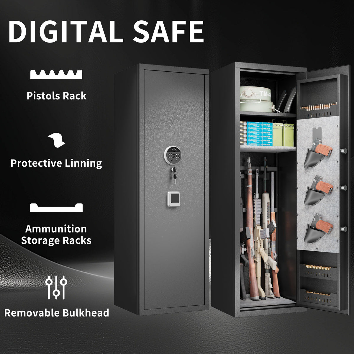 GRANITE Biometric rifle safe, labelled diagram: pistol rack, lining, ammo racks and bulkhead