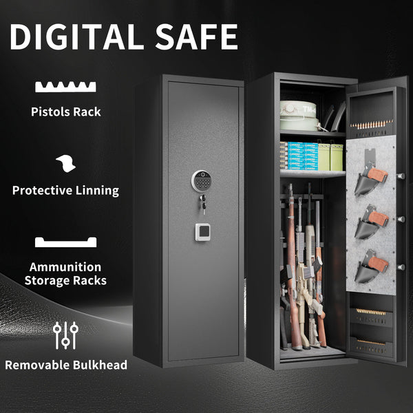 GRANITE Biometric rifle safe, labelled diagram: pistol rack, lining, ammo racks and bulkhead