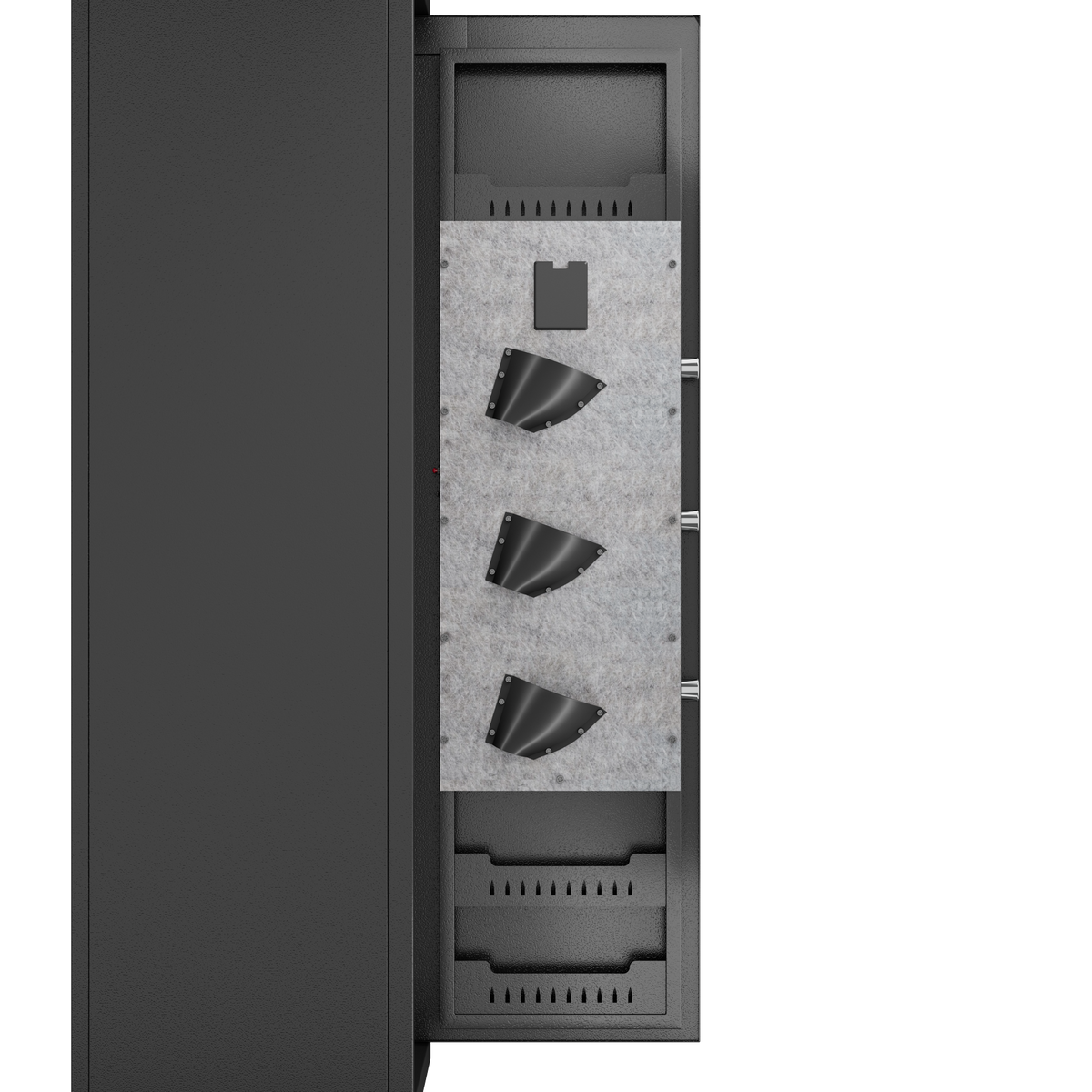 GRANITE Biometric rifle safe, low-light interior view of the door-mounted pistol holsters