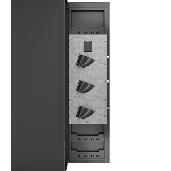 GRANITE Biometric rifle safe, low-light interior view of the door-mounted pistol holsters