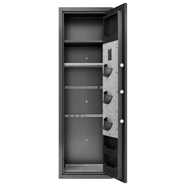 GRANITE Biometric rifle safe, open and empty, showing the adjustable shelves and felt-lined door panel