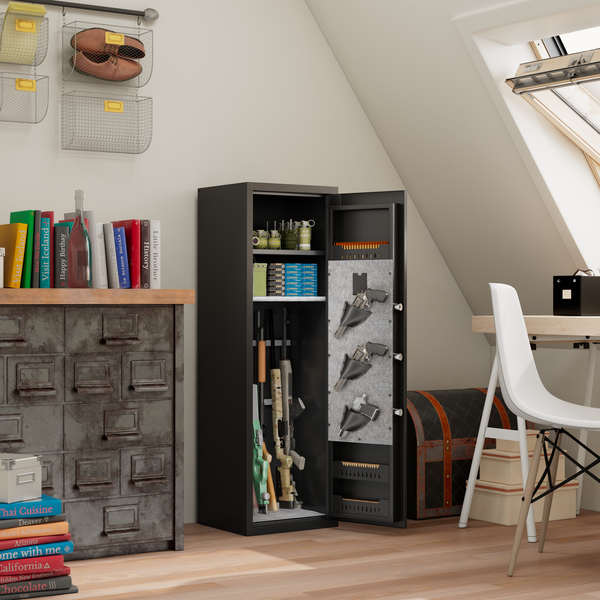 GRANITE Biometric rifle safe, open in an attic home office, loaded with long guns beside a desk