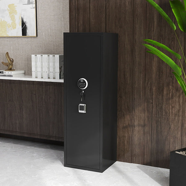 GRANITE Biometric rifle safe, standing in a hallway beside a console table and plant