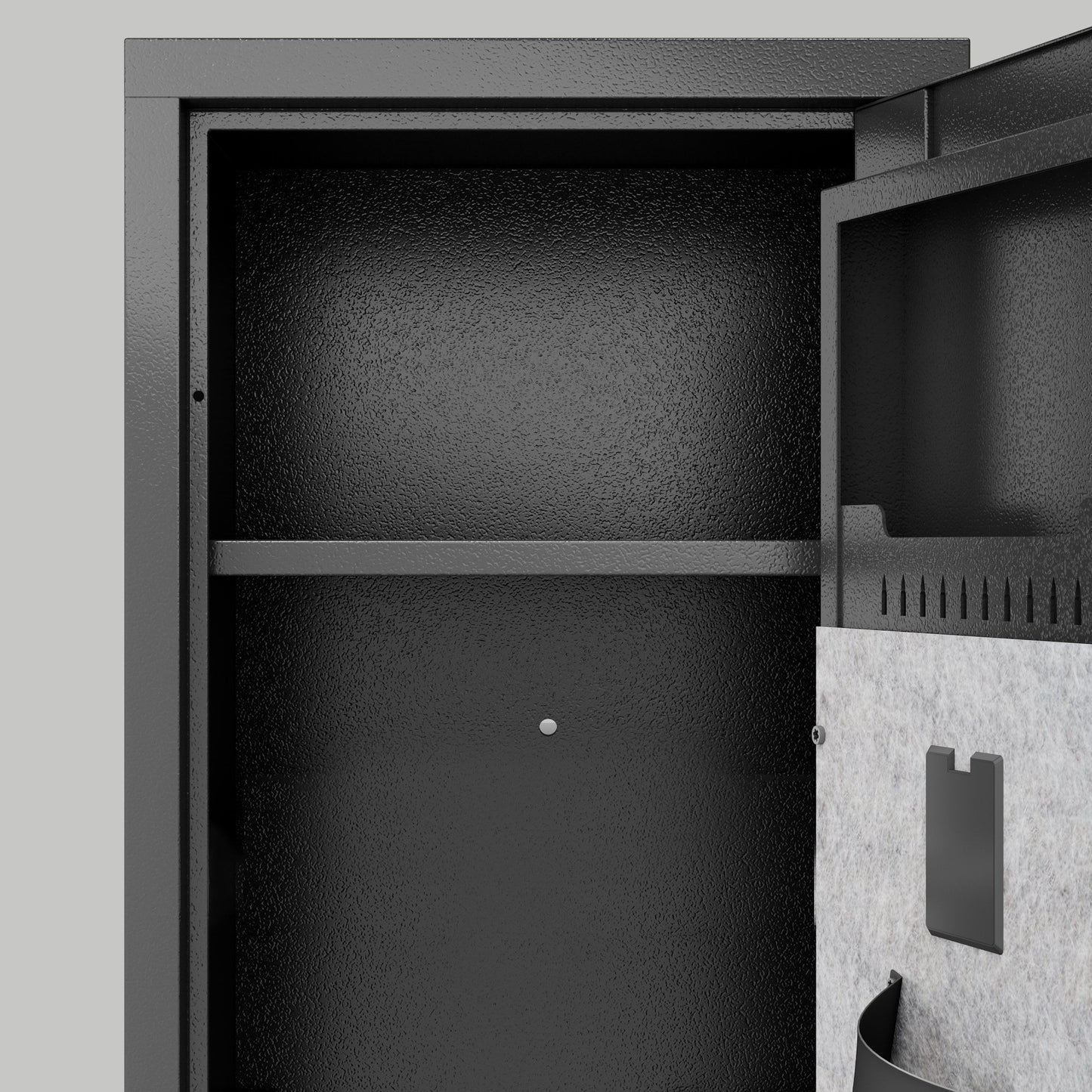 Empty interior showing the barrel retaining bar and carpeted lining