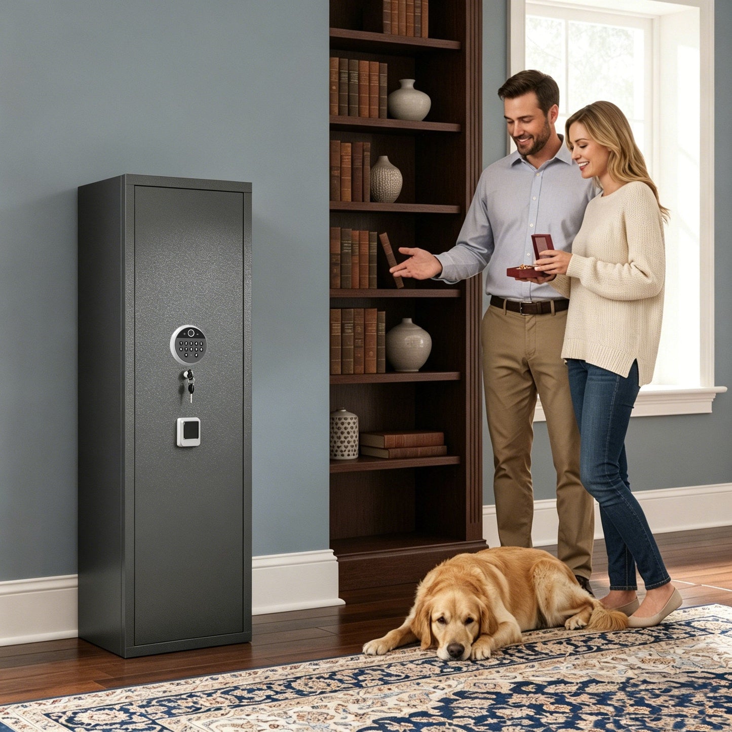 GRANITE S Biometric standing against a living room wall