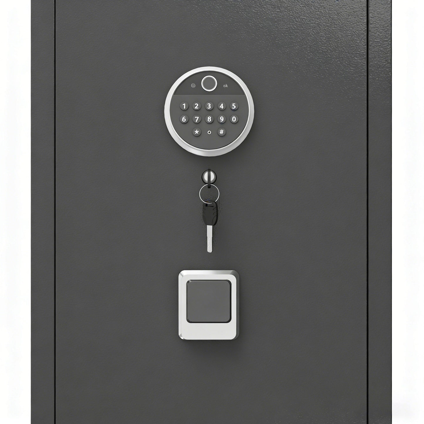 Fingerprint reader, digital keypad and key override on the safe door