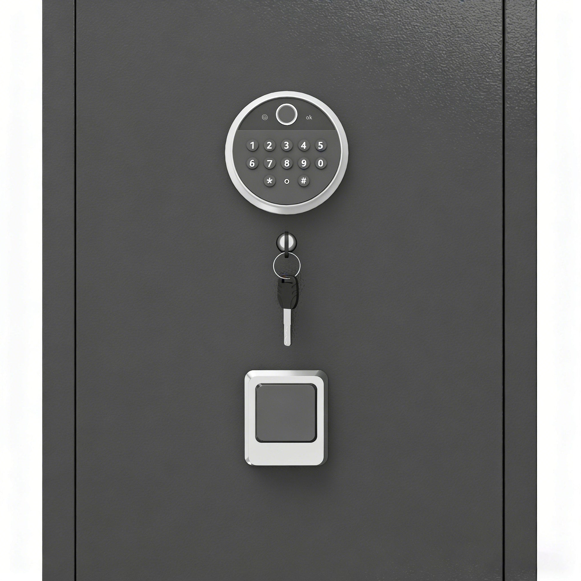 Fingerprint reader, digital keypad and key override on the safe door