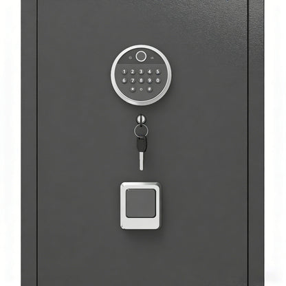 Fingerprint reader, digital keypad and key override on the safe door