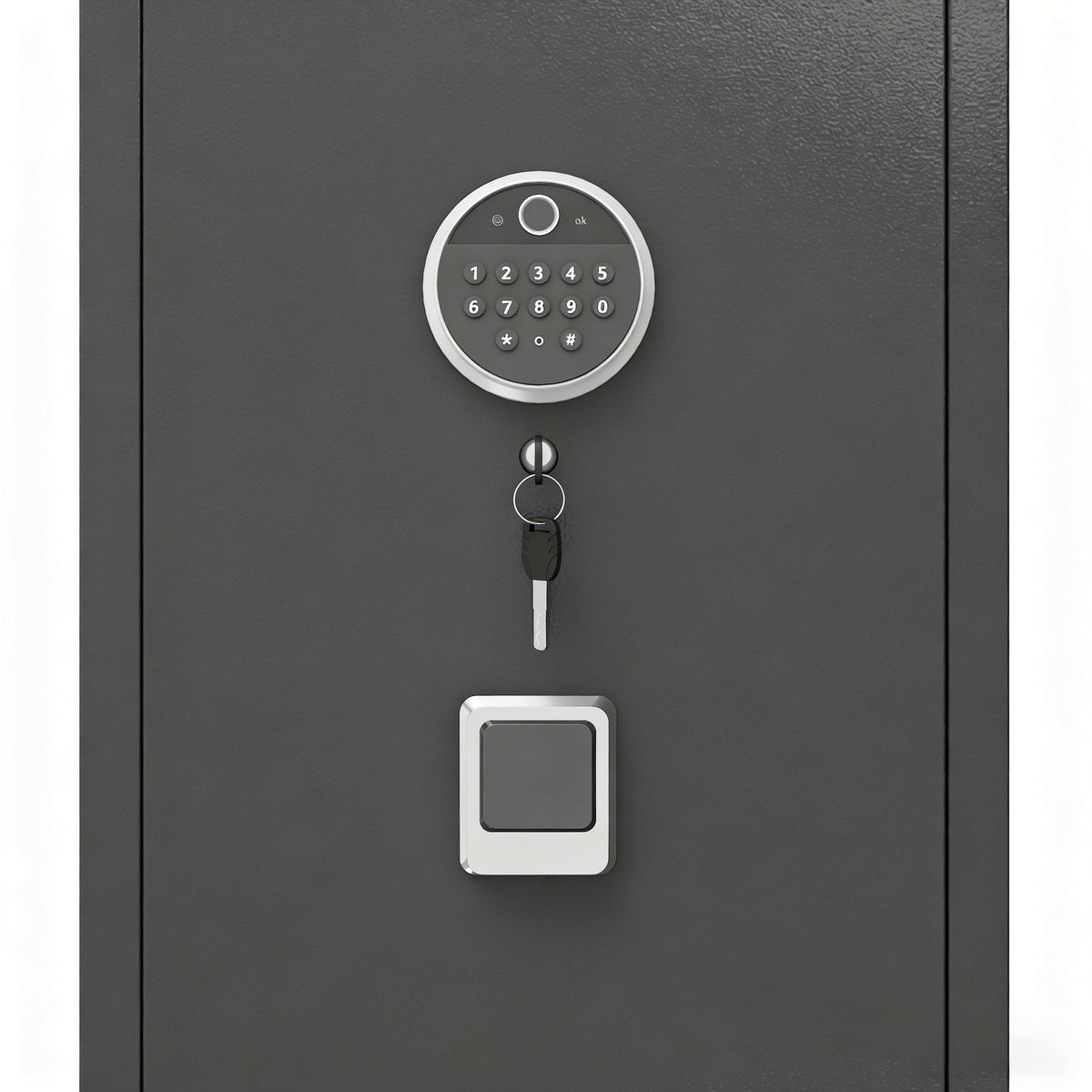 GRANITE S Biometric rifle safe, close-up of the fingerprint scanner, keypad and backup key lock