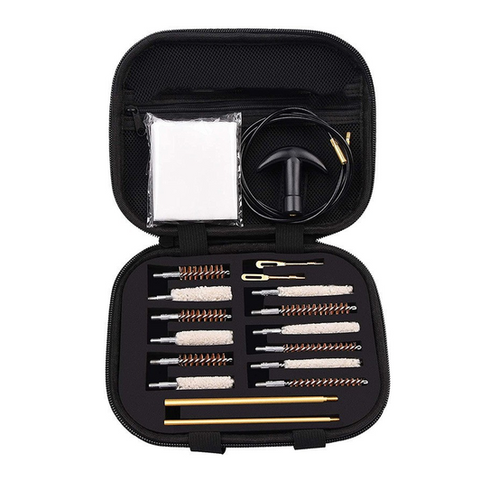 Handgun cleaning kit, open zip case showing the pistol cleaning rods, brushes and bore snake
