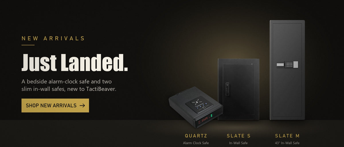New arrivals: QUARTZ alarm clock handgun safe, SLATE S and SLATE M in-wall safes in a dark studio