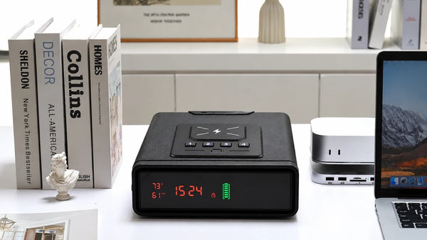 QUARTZ Biometric Alarm Clock Handgun Safe, closed on a home-office desk showing the time and temperature